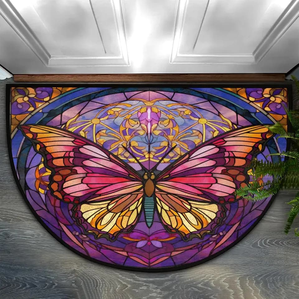 Butterfly Half Round Doormat Non Slip Half Moon Rug Outdoor Welcome Mat-5