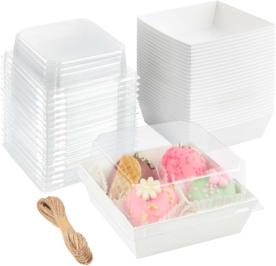ZORRITA Paper Charcuterie Boxes with Clear Lids, 4 Inch, 50 Pack, White