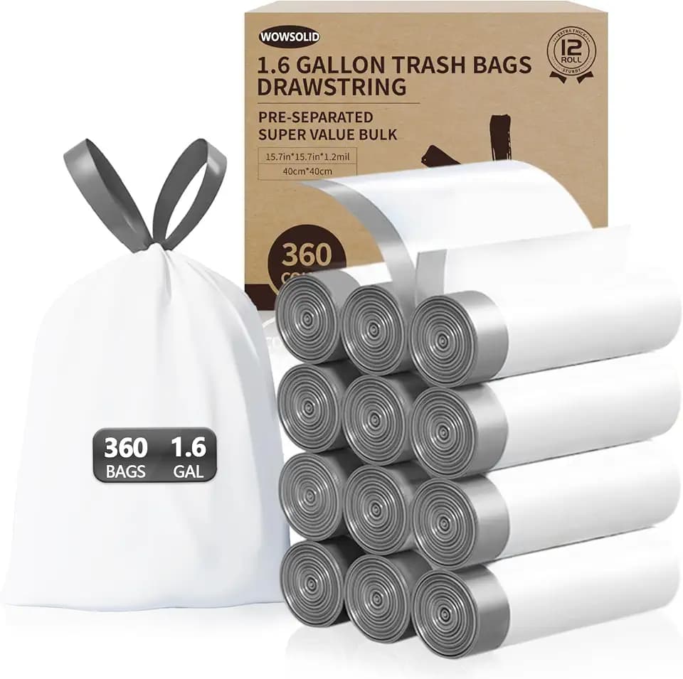 360 Count 1.6 Gallon Mini Drawstring Trash Bags, 1.2 Mil Thick Small Garbage Bags by WOWSOLID, Fit Liners 4.5-8 Liter, 1.2-2 Gal, Trash Can Bin for Bathroom, Kitchen, Bedroom, Office
