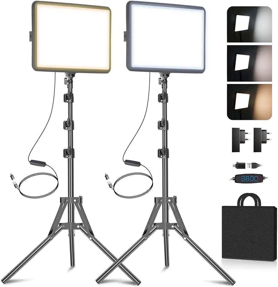 Video Licht Set, 2-Pack 25x20 cm 15 W LED Studio Fotolicht, Dimmbares 2800–6500K Kamera Licht für Video/Streamen von Selfies/Porträts im Innenbereich, Licht mit 160cm Stativ/TypC Adapter (2-Pack)