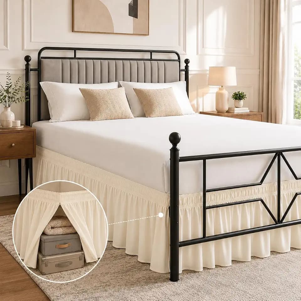 Queen Bed Skirt 14 inch Drop, Elastic Wrap Split Corner, Beige