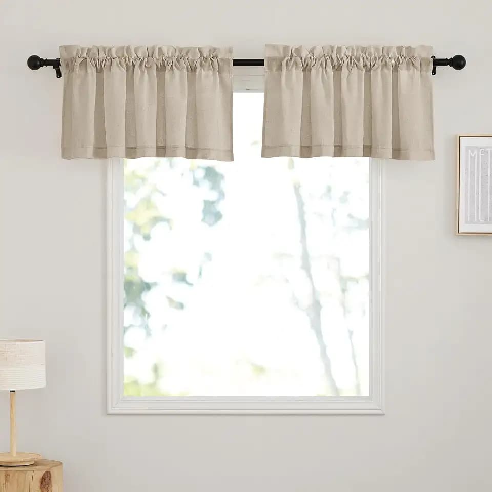 RYB HOME Boho Sheer Curtain Valance - Rod Pocket Light Filtering Privacy Short Curtain Tier for Kitchen Bathroom Bedroom, Width 52 x Length 18, Taupe, 2 Panels Set
