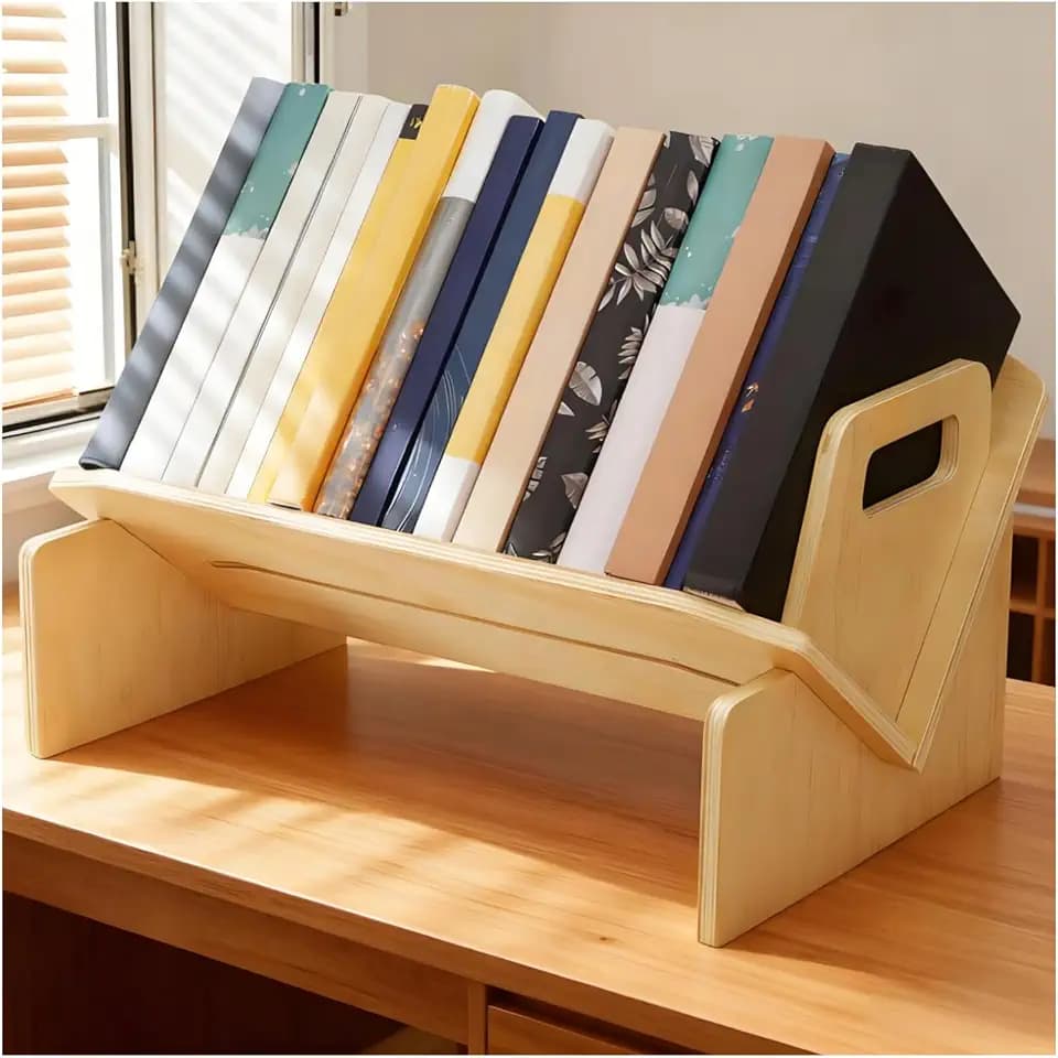 Wood Desktop Bookshelf with Handle, Slanted Design