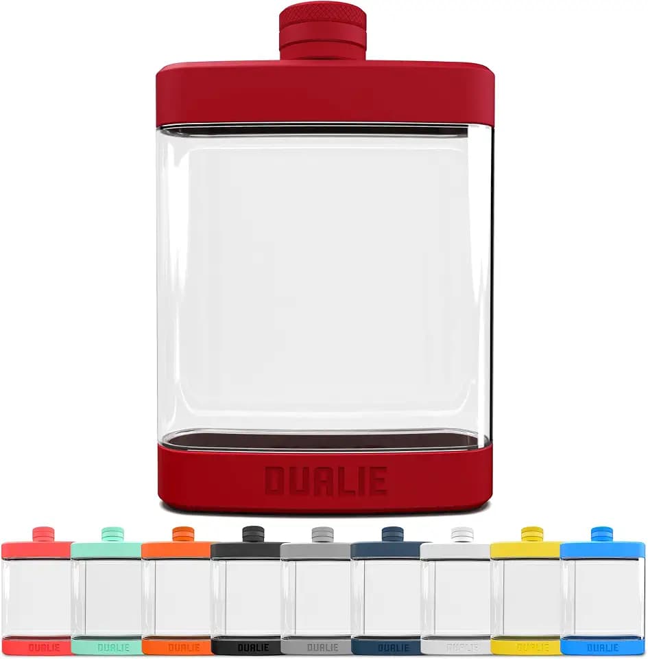 DUALIE 8 oz Hip Flask for Liquor - Shatterproof Alcohol Flasks with Clear Tritan Plastic and Silicone Grip - Flask Gift for Men & Women - Burnt Red