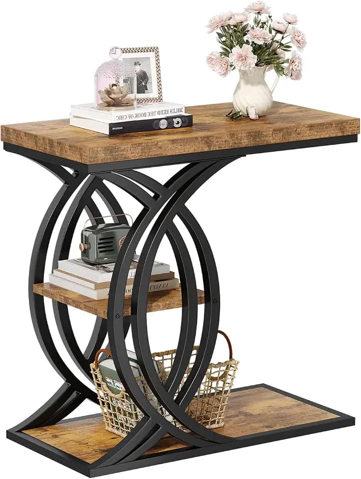 C Shaped End Table, Bed Side Table, 3-Tier Side Table with Metal Frame, Wood End Table with Storage for Living Room, Couch, Sofa, Bedroom, Easy Assembly, 23.6" D*11.8" W*23.6" H, Rustic Brown