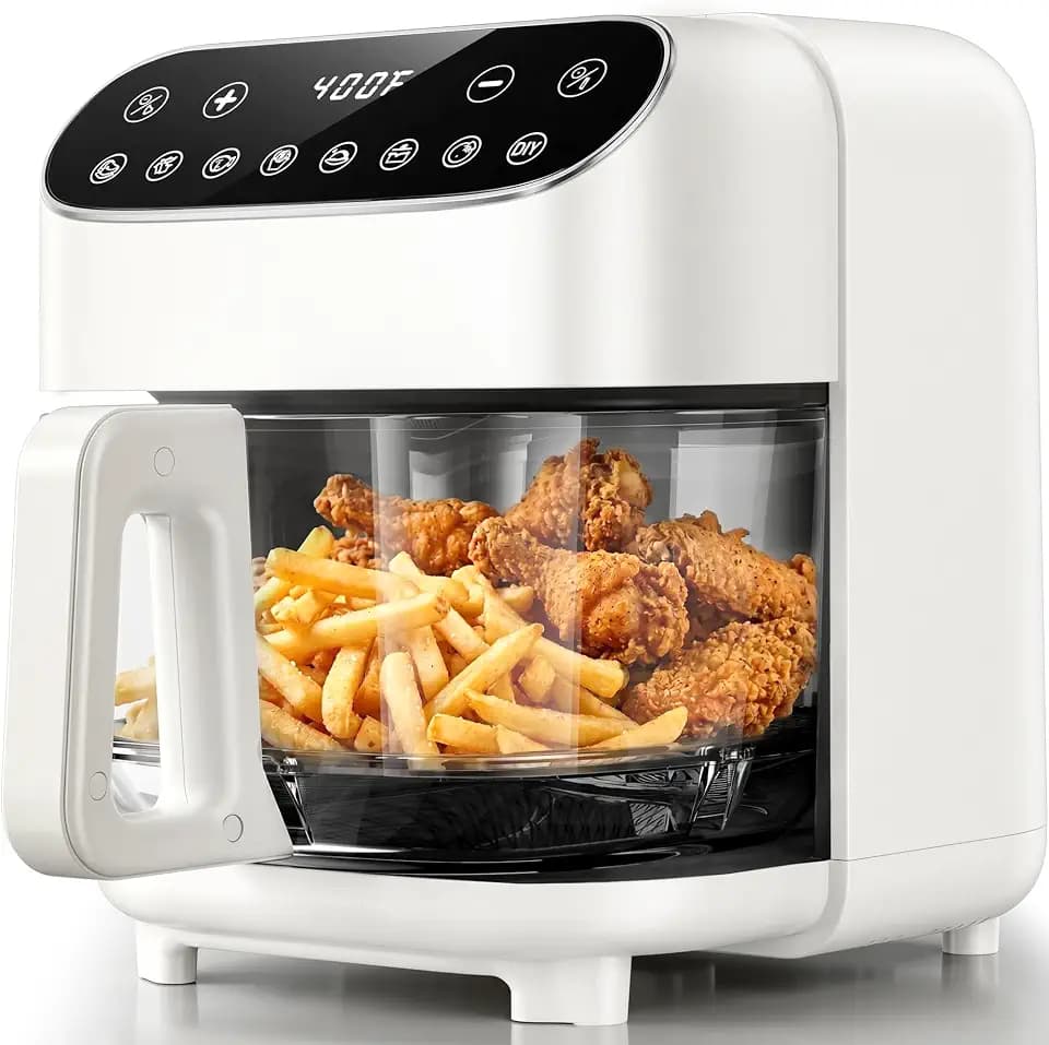 Kismile 5QT Glass Air Fryer, 8 in 1 PFAS-Free Non Toxic AirFryers, Digital Touch Control, Portable Air Fryer with Precise Temperature Control & Timer, Up to 400°F, 95% Less Oil.(Creamy White)