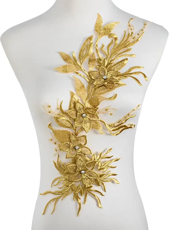 Silvora Phoenix Peacock Feather Tail Fabric Beaded Lace Applique,3D Embroidered Flower Fabric Patch for Bridal Dress, Handmade Sewing Tool for Wedding DIY Crafts(Gold)