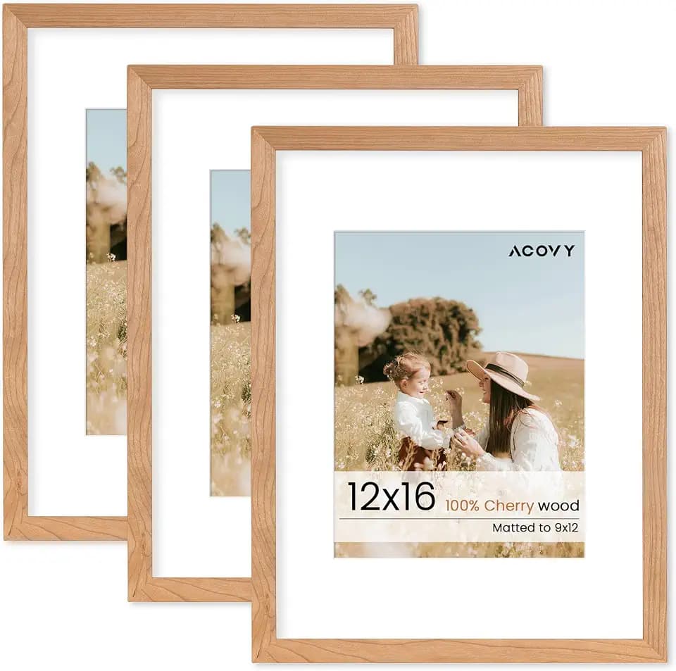 Acovy 12x16 Picture Frame, Solid Wood Cherry Wood 12 x 16 Photo Frame, 12"x16" Wood Frame for Wall, 12x16 Wooden Picture Frame with Mat for 9x12, HD Tempered Glass (Natural Cherry Color, 1 Pack)