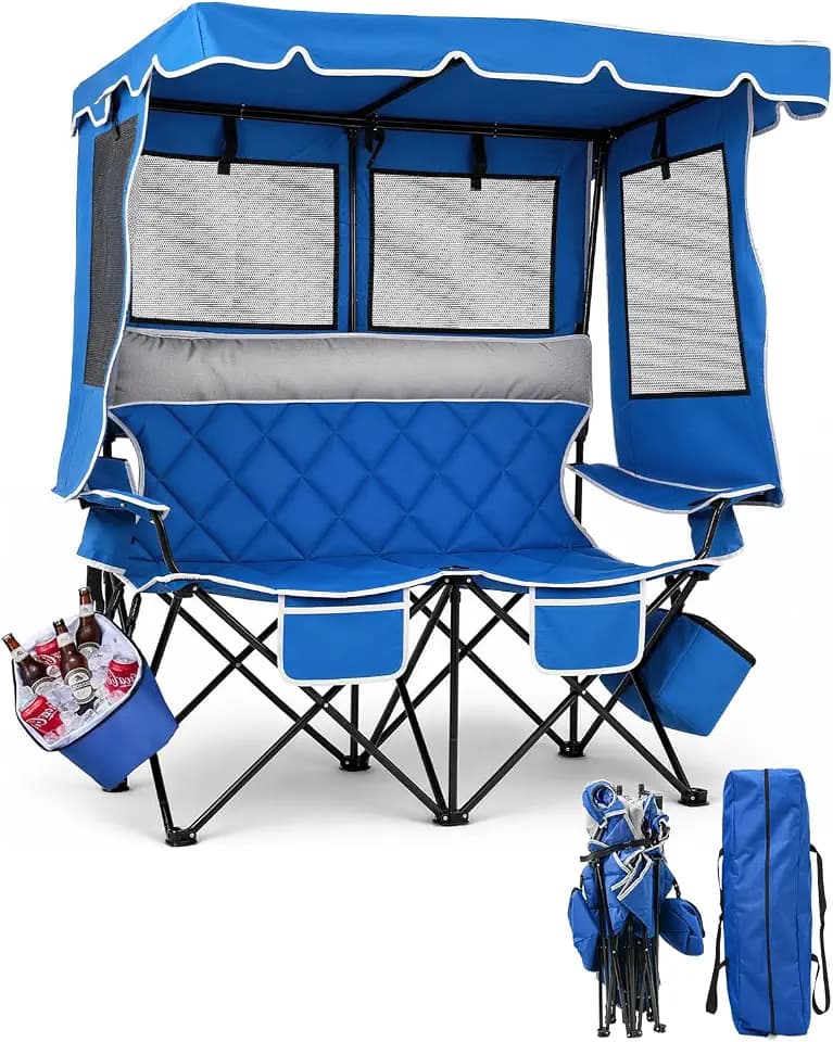 HOPERAN Double Camping Chair with Canopy, 660lbs Folding Beach Chair, Blue