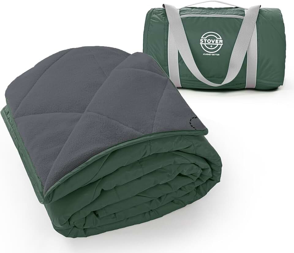 STOVER Large Waterproof Outdoor Stadium Blanket- Extra Thick Soft Fleece Camping Blanket for Travel, Picnics, Sports, Dogs 79"x55", Warm, Windproof, Sand-Proof, Lightweight, Packable (Game Day Green)