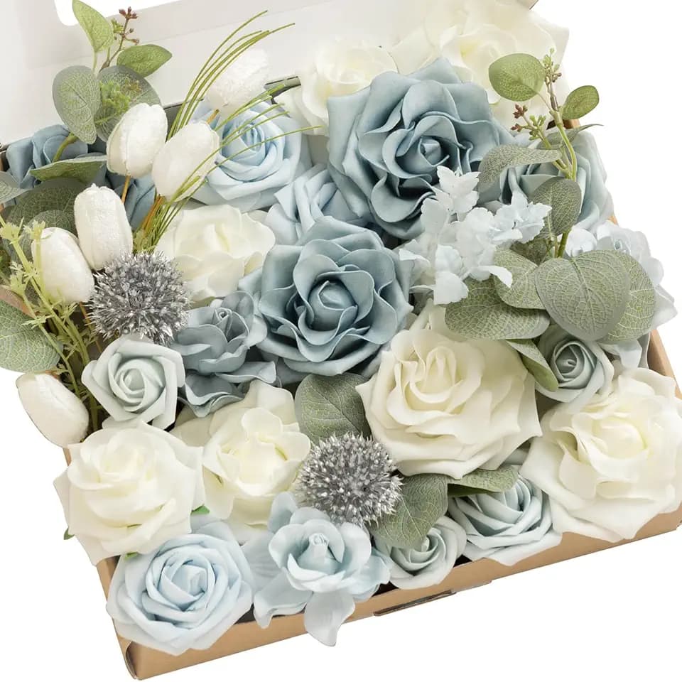 Ling's moment Artificial Wedding Flowers Combo, Dusty Blue & White, Grand