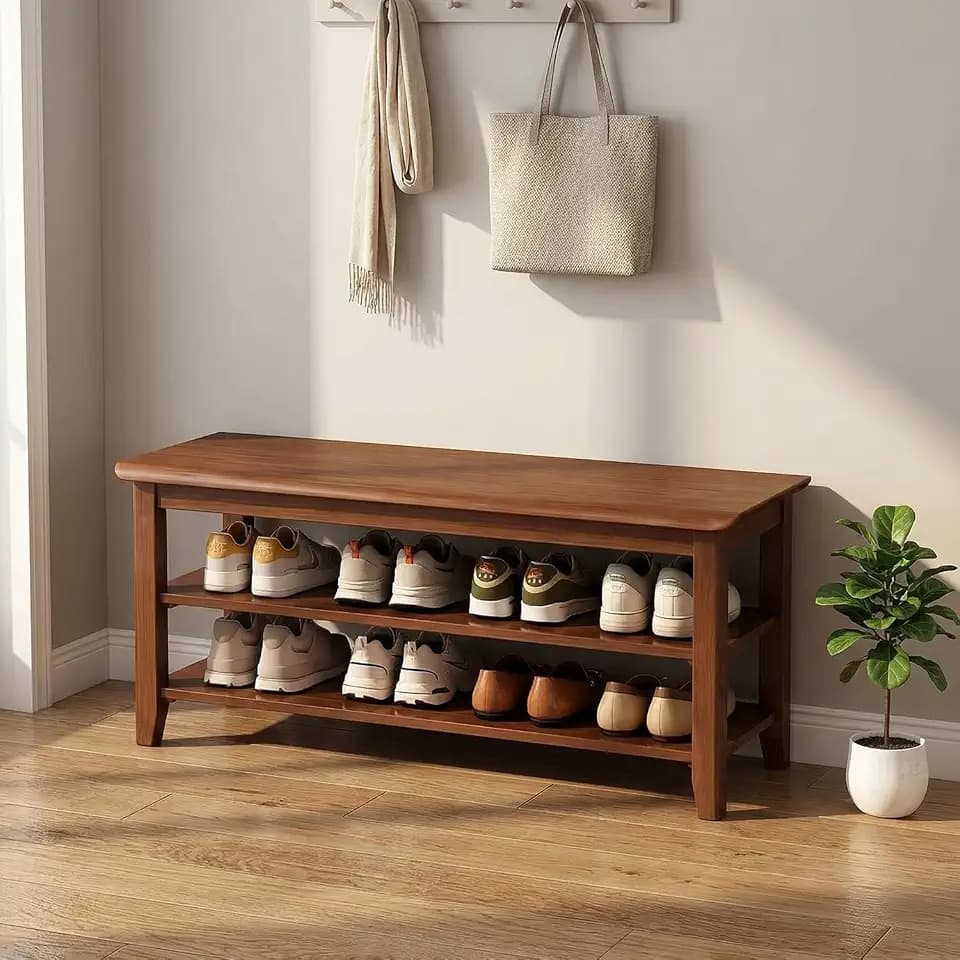 latifolia Shoe Rack Bench, Height Adjustable Solid Wood Shoe Bench, 3-Tiers Shoe Storage Bench for Entryway, Hallway, Walnut, 39.37''