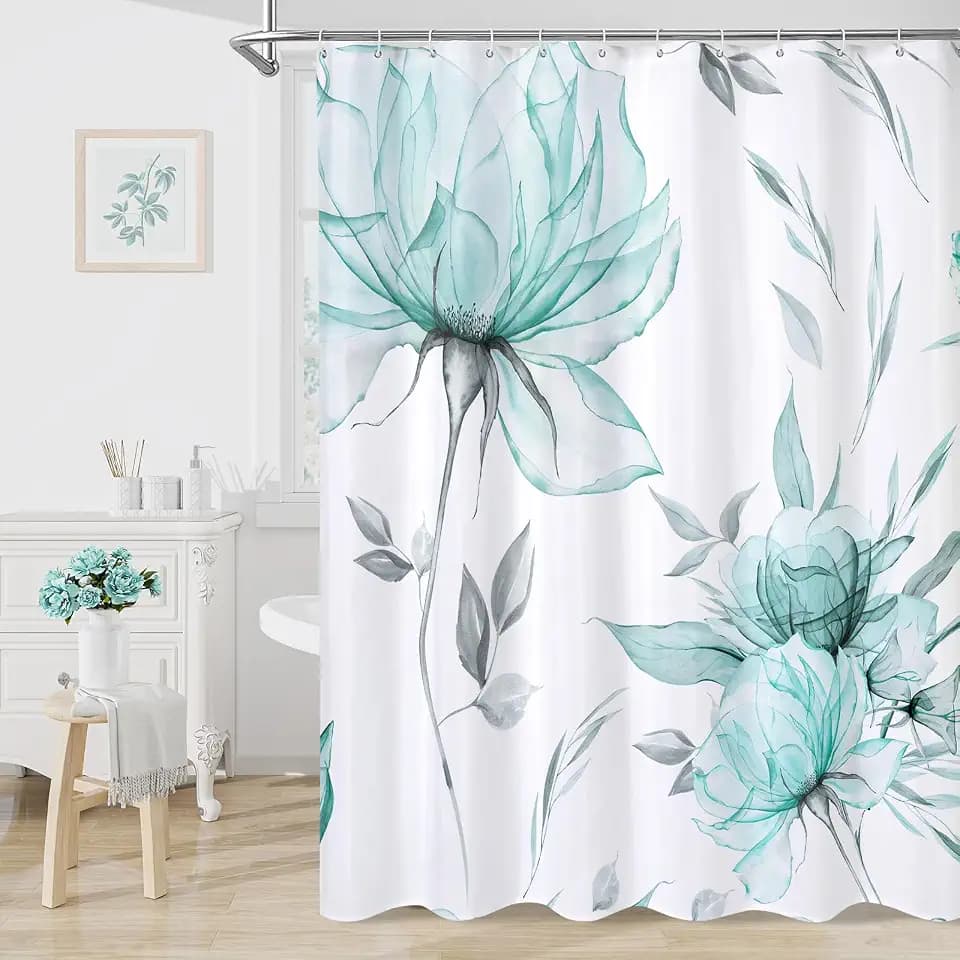Teal Blue Boho Floral Shower Curtain, Watercolor Botanical Design, 72 x 72