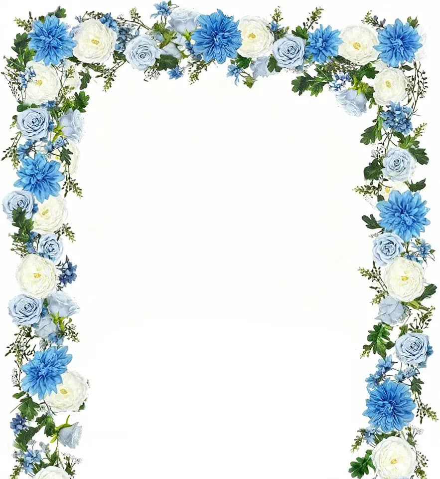 2PCS Peony Flower Garland, 6' Each, Blue Flower Garland, Floral Garlands, Rose Flower Vine for Wedding Arch Party Home Table Runner Mantle Decoration(Blue and White)