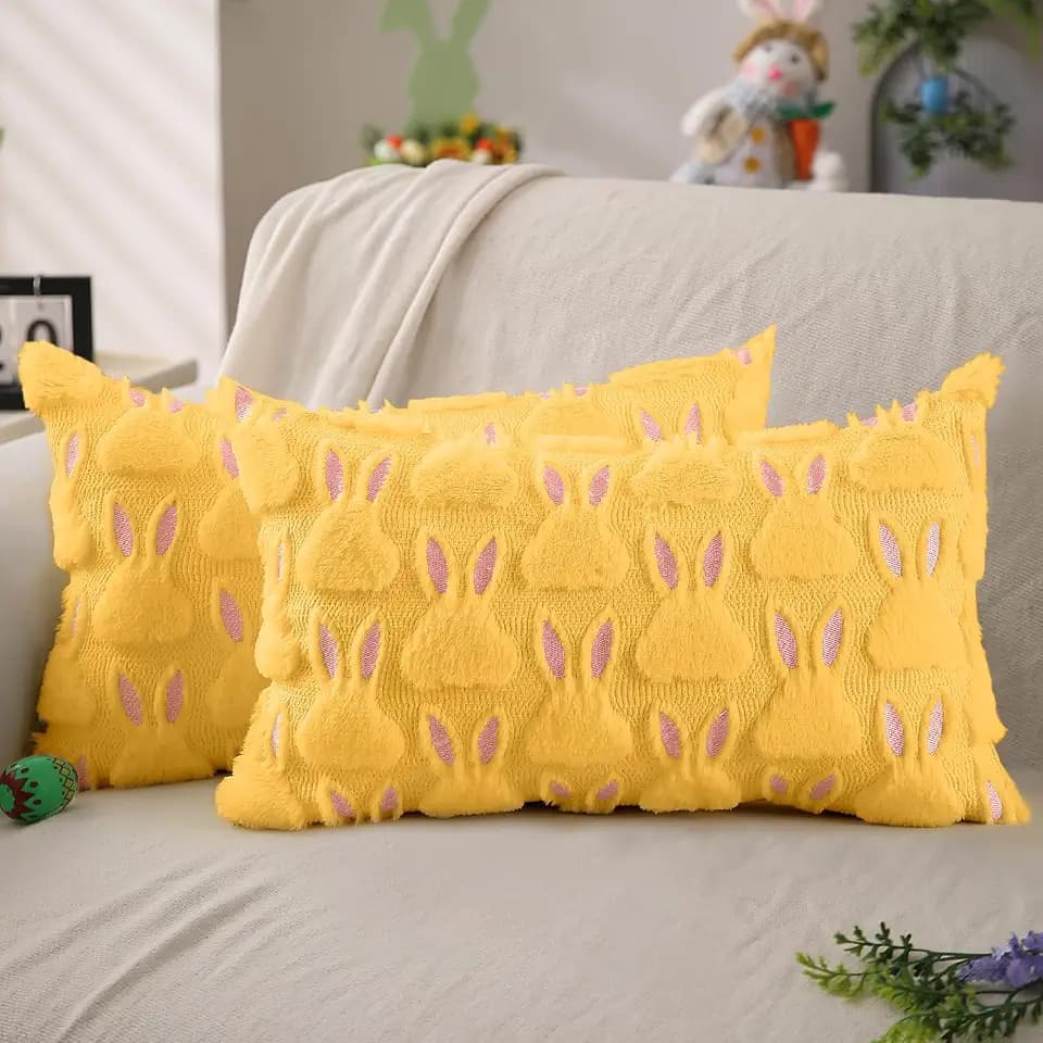 DFXSZ Easter Pillow Covers 12x20 inch Set of 2 Easter Decorations Pink Ears Yellow Rabbit Soft Plush Faux Fur Jacquard Throw Pillows for Bedroom Sofa Holiday Festivals Home Decor FHJ-17D12