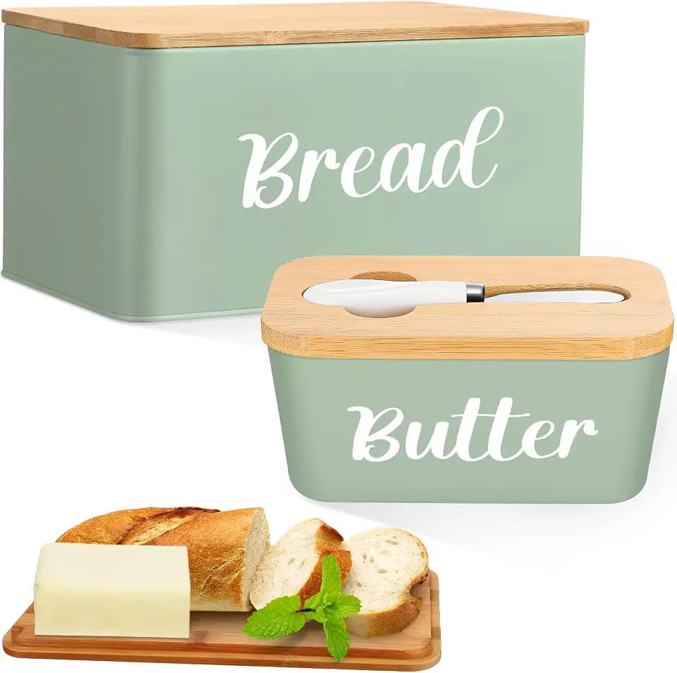 Hushee Metal Bread Box Butter Dish with Bamboo Cutting Board, Sage Green
