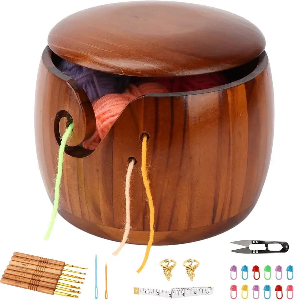 Large Wood Yarn Bowl with Lid, Crochet Yarn Holder with 7pcs Knitting Hooks, No-Tangle Design, Yarn Storage Crochet Bowl Knitting at Home, Café, Park, Craft Gatherings Rotundity