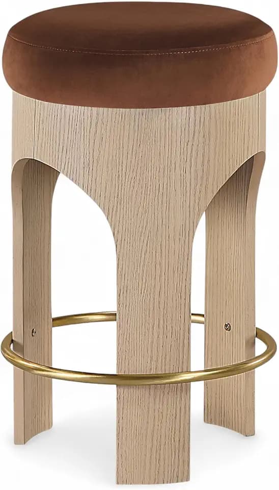 Meridian Furniture 11057Cognac-C Bocceli Collection Art Deco Counter Stool with Ultra Luxe Cognac 460 GSM Velvet, Natural Finish, Solid Wood, Oak Veneer, 16.25" W x 16.25" D x 26.5" H, Cognac