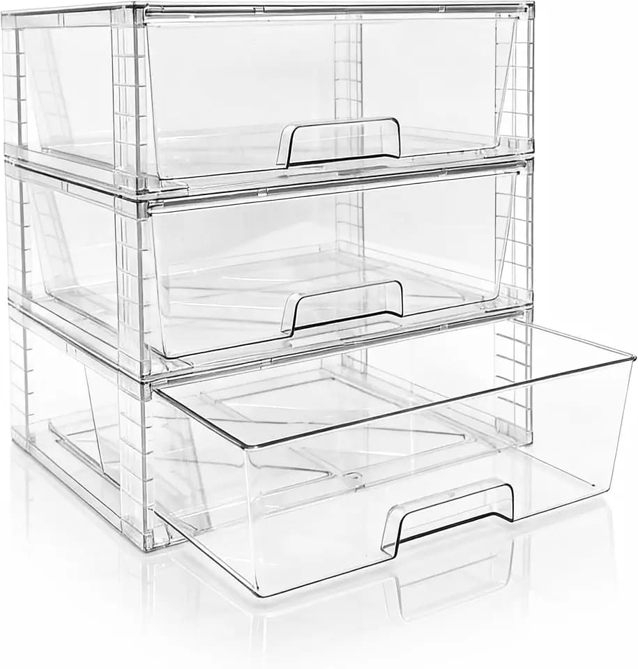 Wide Large Stackable Storage Drawers(3 Pack),Multi-purpose Clear Plastic Organizer Bins with Handles, Easy to Assemble for Bathroom Home Closet Under Sink Kitchen Pantry Medicine Cabinet