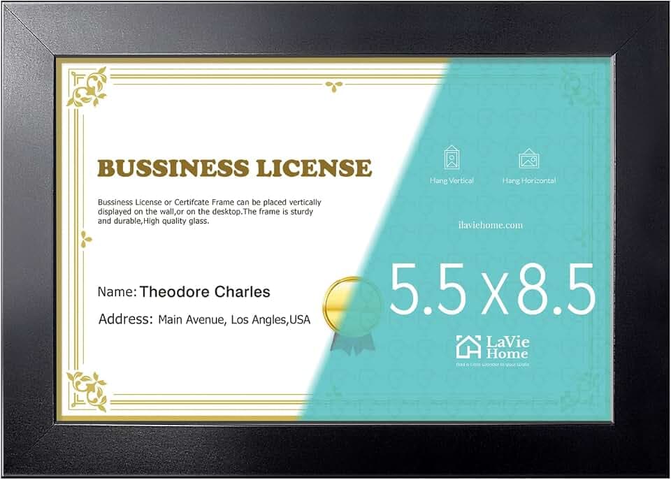 LaVie Home 5.5 x 8.5 Picture Frame Black, 8.5 x 5.5 Business License Frame, Certificate Frames Fit Diploma, Document and Tax Certificate Self Standing with Wall Hangers(1 Pack)
