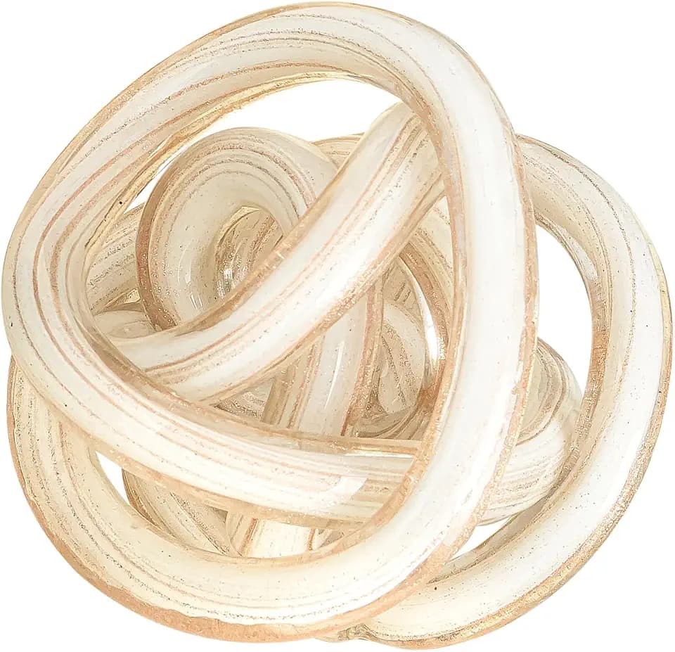 Torre & Tagus Orbit Hand Blown Glass Infinity Knot Sculpture - 4.5 Inch Glass Art White & Gold Knot Decor Ball for Home Decor, Small Centerpiece Table Decoration for Home Interior (White Gold Flakes)