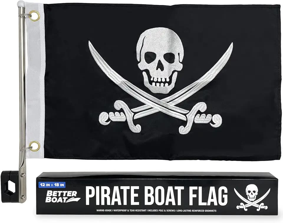 Pirate Flag Boat Pole Kit, 12" x 18" Jolly Roger Flag Set, Double-Sided