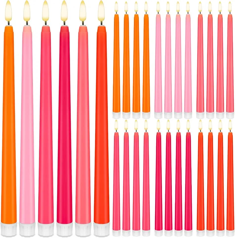 Baquler 24 Pcs 11'' Pink Orange Flameless Taper Candle Colorful Candlestick
