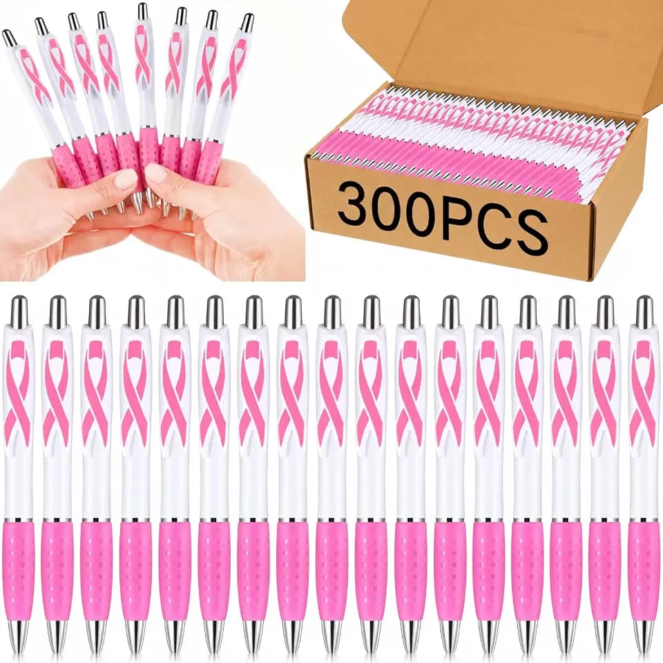 Ctosree 300 Pcs Breast Cancer Awareness Pens Bulk Black Ink Pink Ribbon Pen