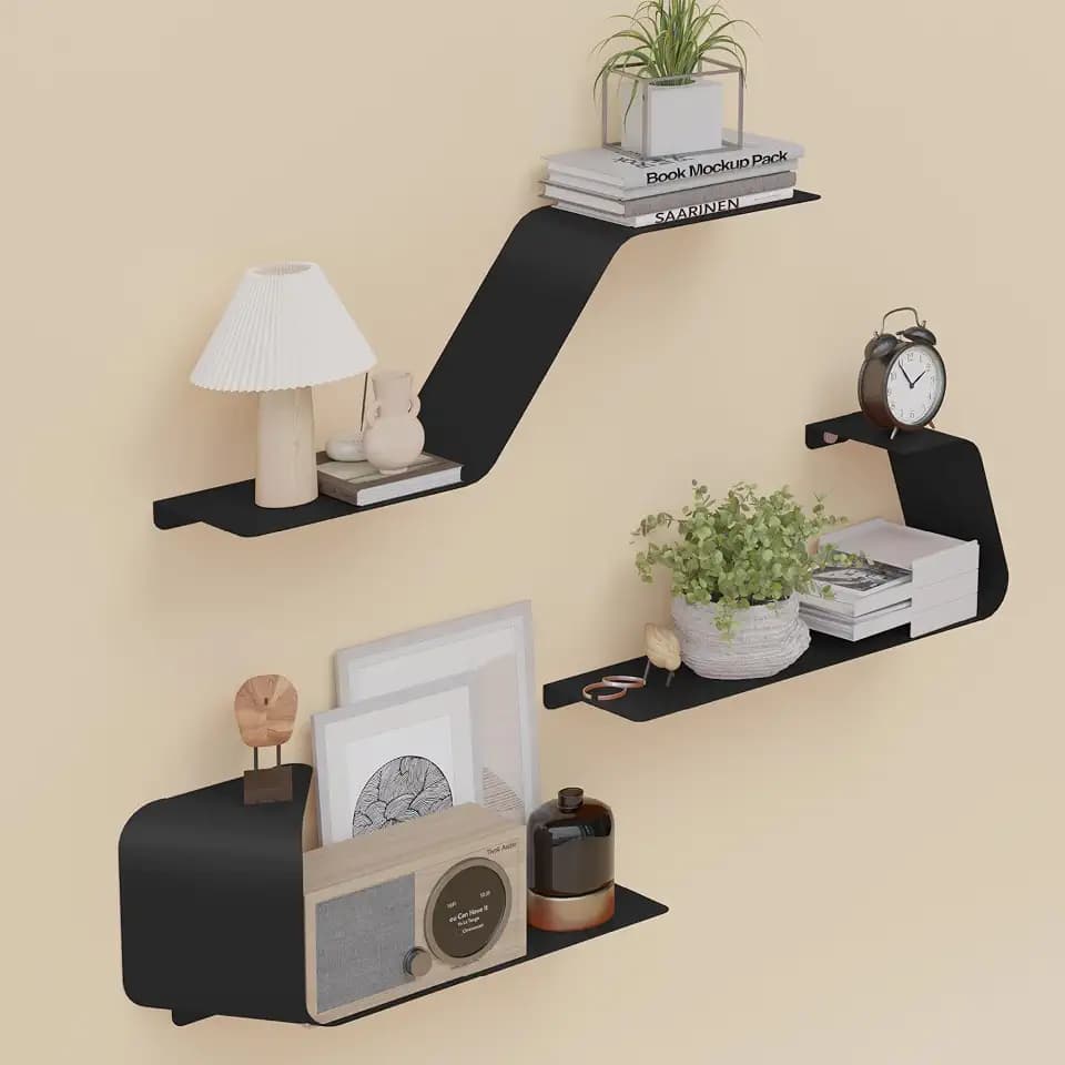 Sttoraboks Floating Shelves, Set of 3 Wall Mounted Metal Shelves with Unique Design for Wall Storage, Book Shelf, Display Shelves for Bathroom Bedroom Kitchen Living Room, Black