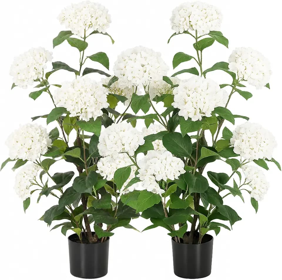 Bellacat 3ft Faux Hydrangea Tree Outdoor with White Flowers, 36in Artificial Hydrangea Plant with Lifelike Leaves, Fake Hydrangea Bush Flower Tree for Porch Patio Living Room Decor, 2Pack
