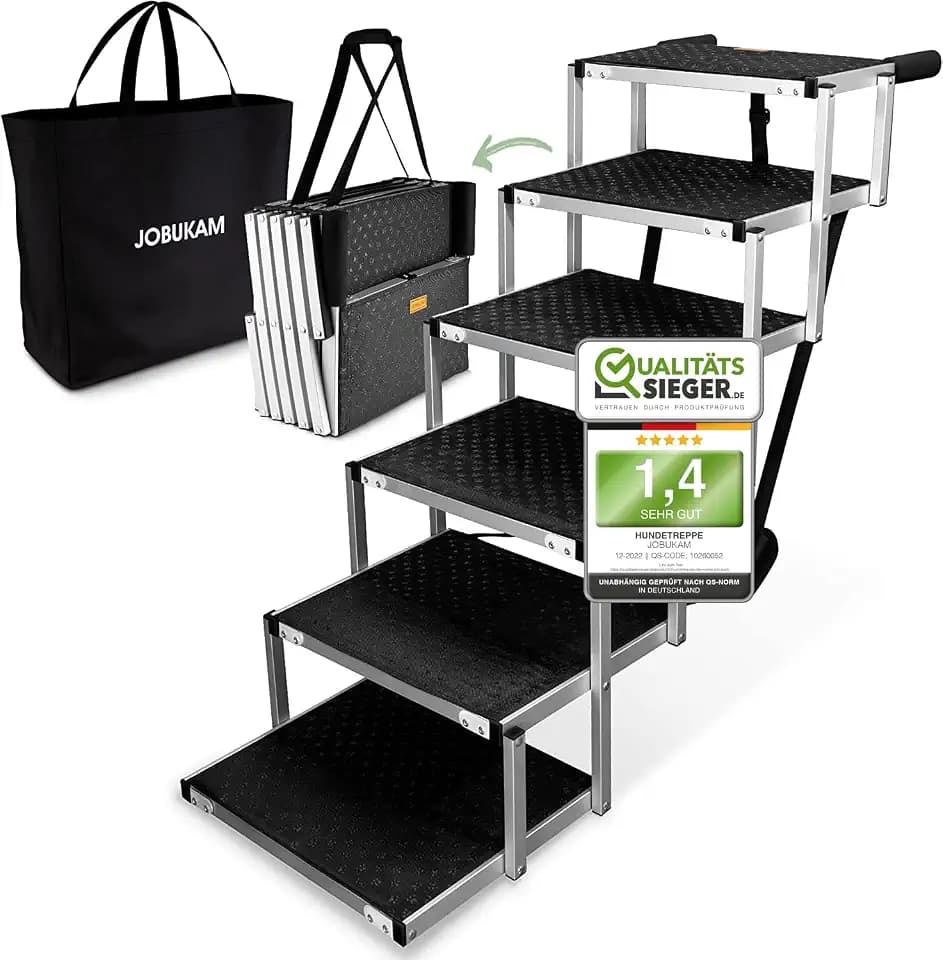 Hundetreppe Auto 6 Stufen 80 cm klappbar für große Hunde bis 70 kg | Klappbare Hunderampe Auto mit flachen Stufen, rutschfest, stabil bis 70 kg und als Hundeleiter für SUV & Kofferraum geeignet