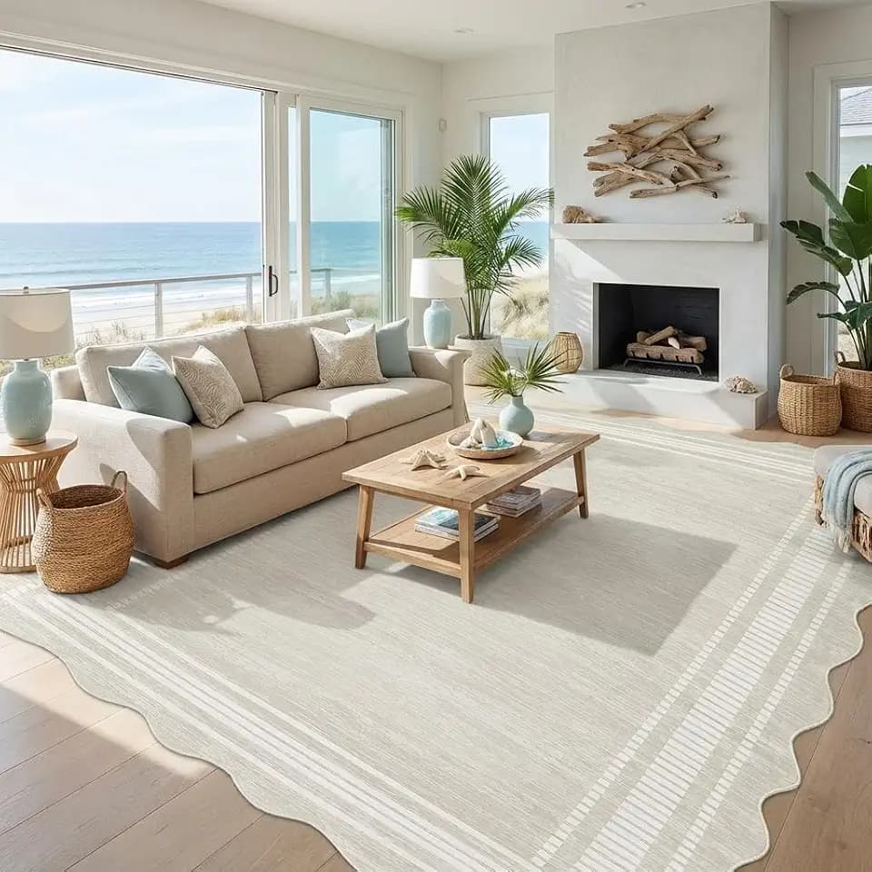 GarveeHome Scalloped 5x7 Area Rugs for Living Room, Washable Modern Bordered Solid Rug for Bedroom, Scalloped Non-Slip Stain Resistant Rug for Dining Room Home Office Dorm, Cream