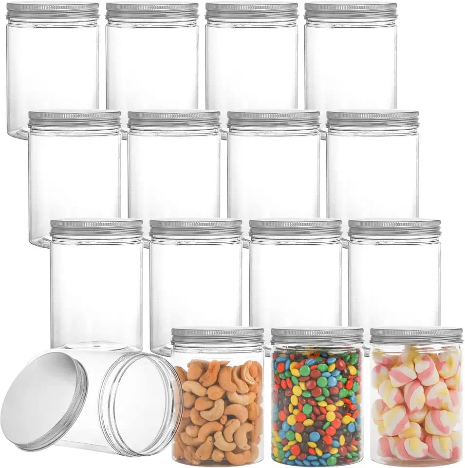 Tebery 16 Pack Clear Plastic Jars Bottles Containers with Silver Ribbed Lids 20oz Straight Cylinders Storage Canisters for Food & Home Storage
