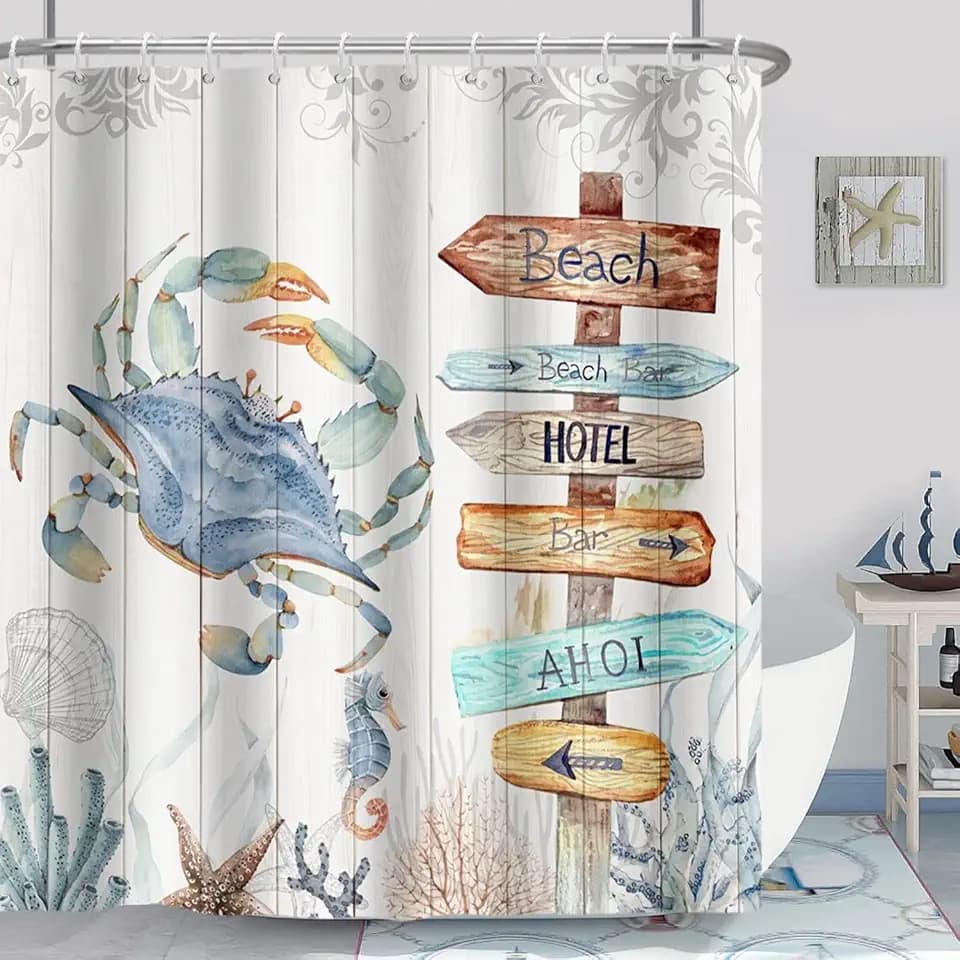 Tropical Beach Shower Curtain for Bathroom Vintage Board Nautical Coastal Ocean Crab Coral Seashell Shower Curtain Fabric Bath Decor Waterproof with Hooks 72 x 72 Inch