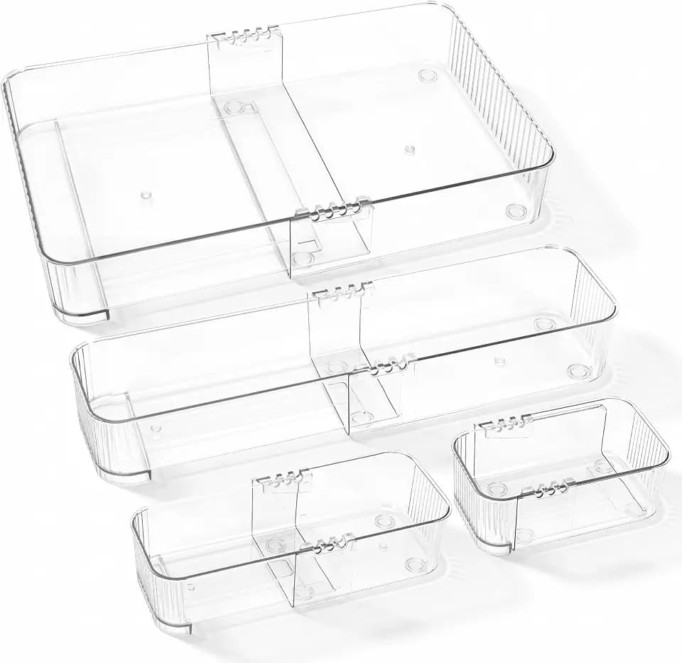 4-Piece Expandable Drawer Organizer Set, Clear Adjustable Drawer Organizer Trays, Multi-Size Storage Bins for Kitchen, Bathroom, Makeup, Desk and Office, Durable PET