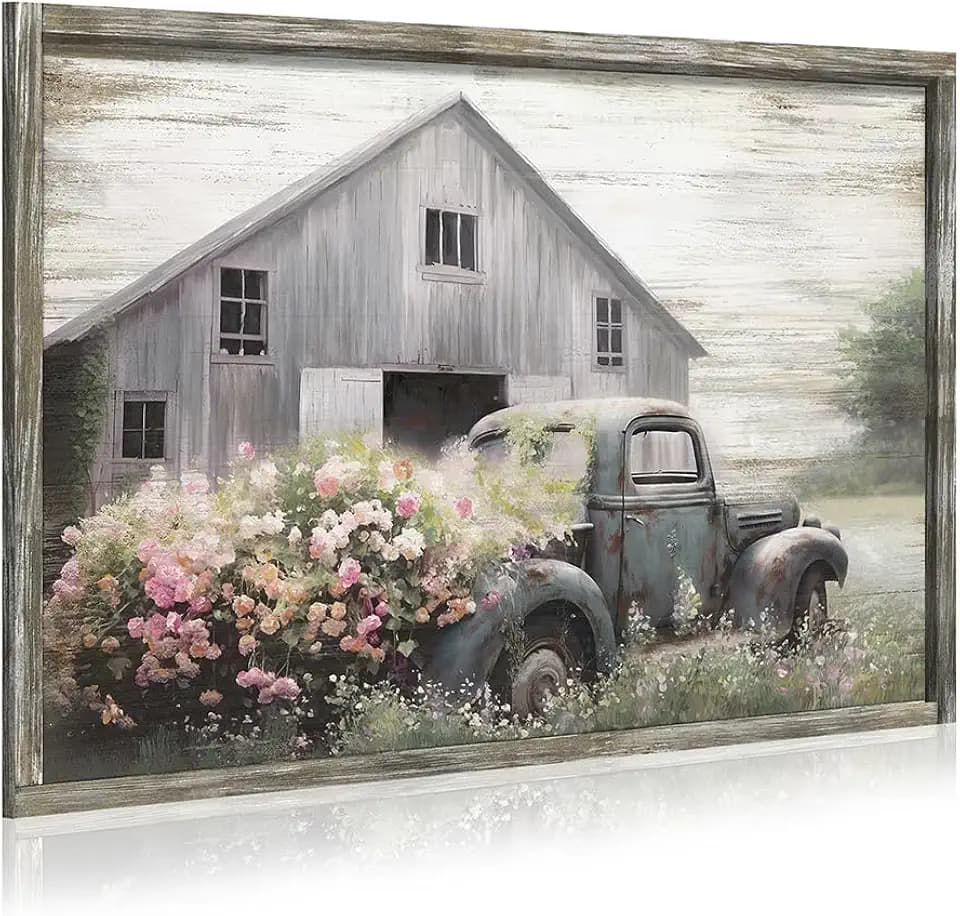Framed Wooden Farmhouse Wall Art: Countryside Old Truck Painting Vintage Flower Car Picture for Living Room