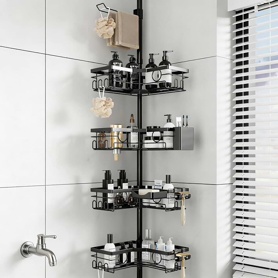 Corner Shower Caddy Tension Pole, Rustproof 4-Tier Adjustable 22-120 Inch Bathroom Organizer with Towel Bar, Soap & Toothbrush Holders, Black