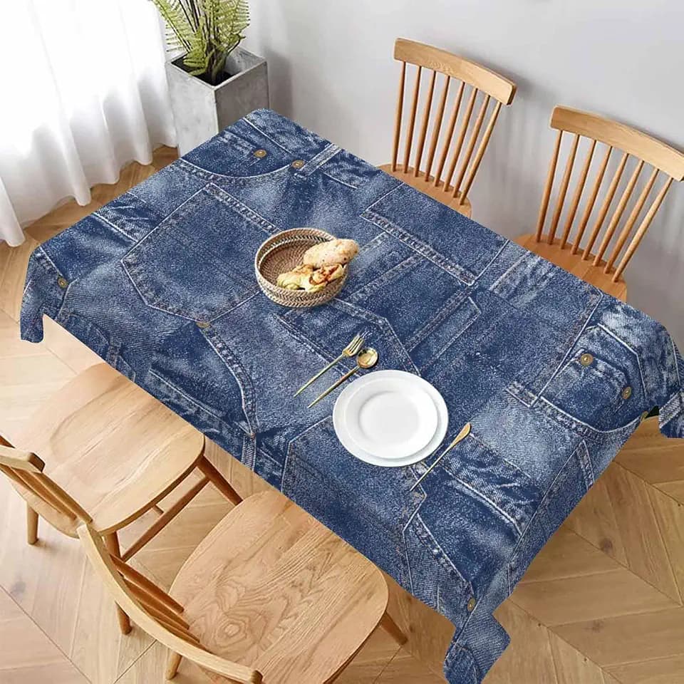 TKS MITLAN Denim-Style Indigo Rectangle Tablecloth - 60x84 Inch (6-8 Seats) Polyester Decorative Cover for Dining, BBQ, Picnic, Coffee Table Retro Denim Pocket Print, Non-Denims Material
