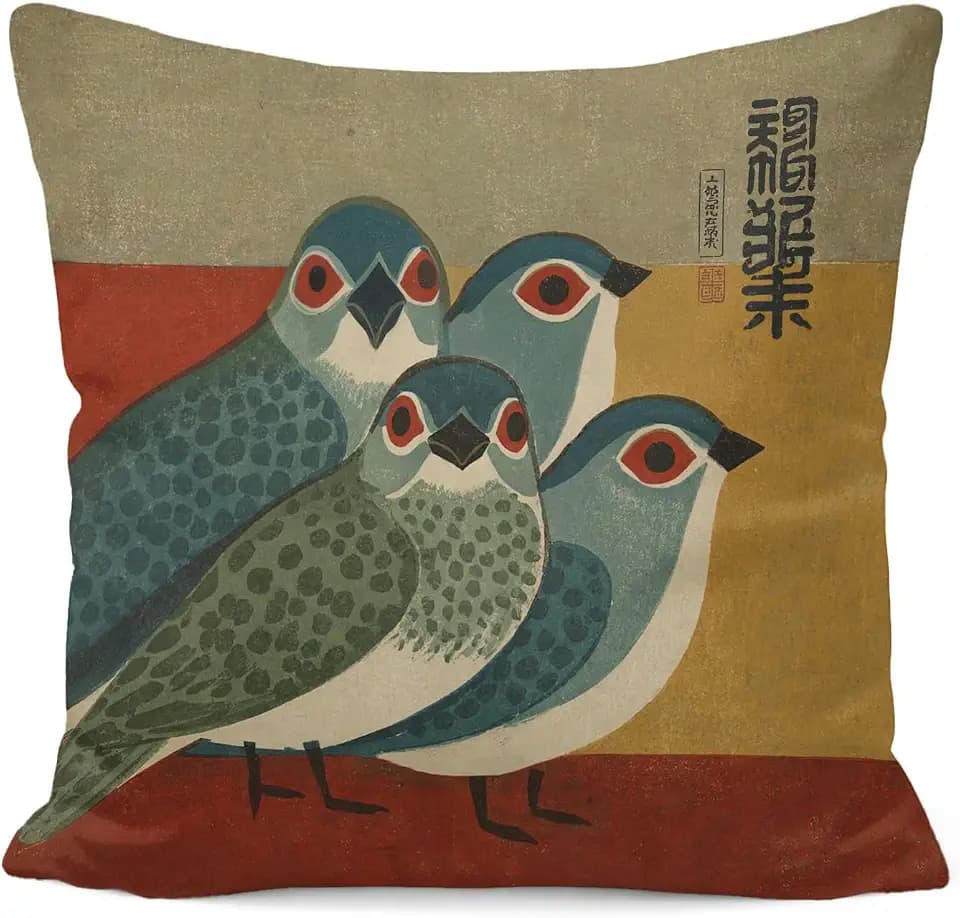 Vintage Japanese Bird Pillow Cover 18x18, Japandi Home Decor, Mid Century Modern Blue Bird Decorative Pillow Cover for Home Bedroom Living Room