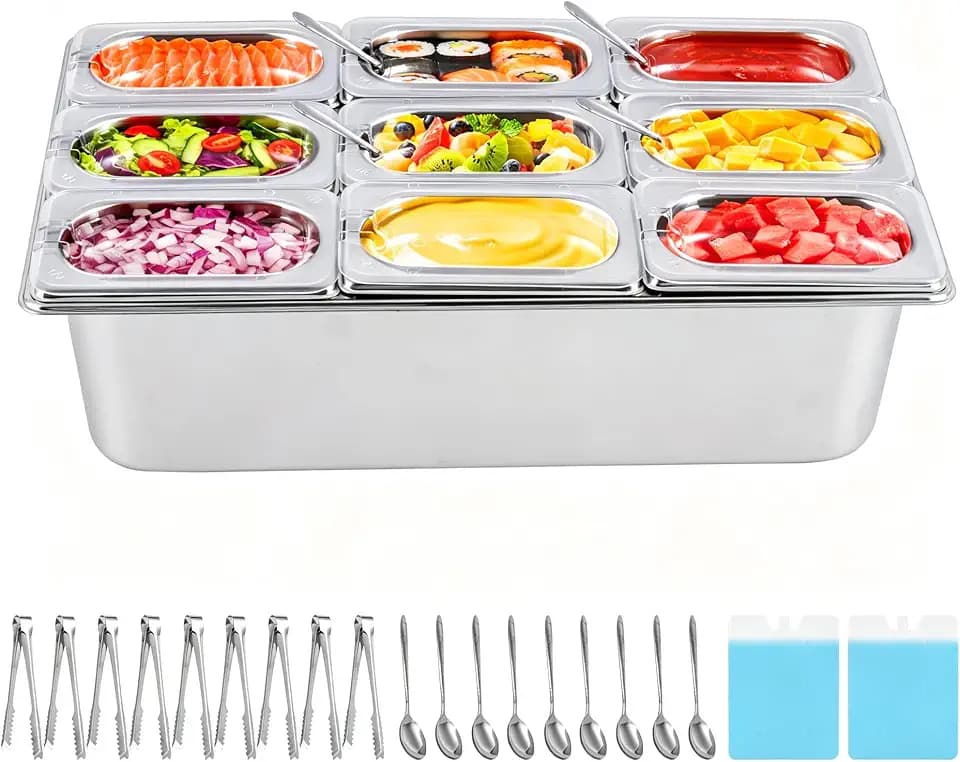 Ice Cooled Condiment Serving Container 9Pans×1Qt with Ice Packs for Salad Bar Sauce Pizza Cold Serving Tray Food Cooler for Parties Buffet