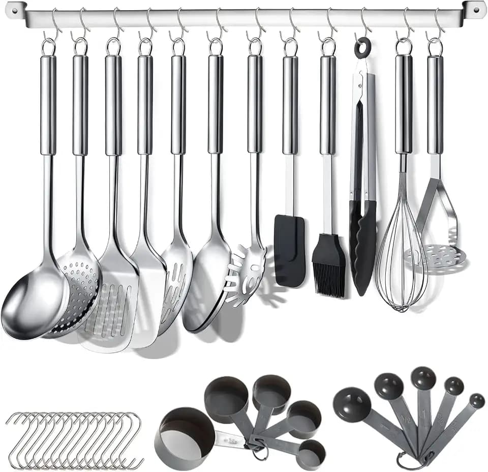 Berglander Küchenutensilien Set 38 teilig, Edelstahl Kochgeschirr Set, Küchenhelfer Kochgeschirr mit Utensilienhalter und Haken zum Aufhängen Spülmaschinenfest