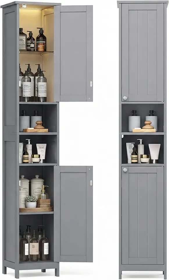 VASAGLE Tall Storage Cabinet with Lights, Slim, 11.8" W, Dove Gray