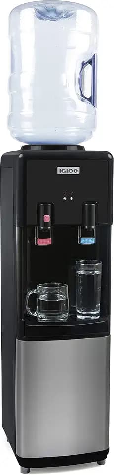 Igloo Top Loading Water Cooler with Removable Tray & Energy-Saving Features - Water Tower with Hot, Cold Temperature Settings- Water Dispenser Fits 3 & 5-Gallon Jugs with Child Safety Lock- Stainless