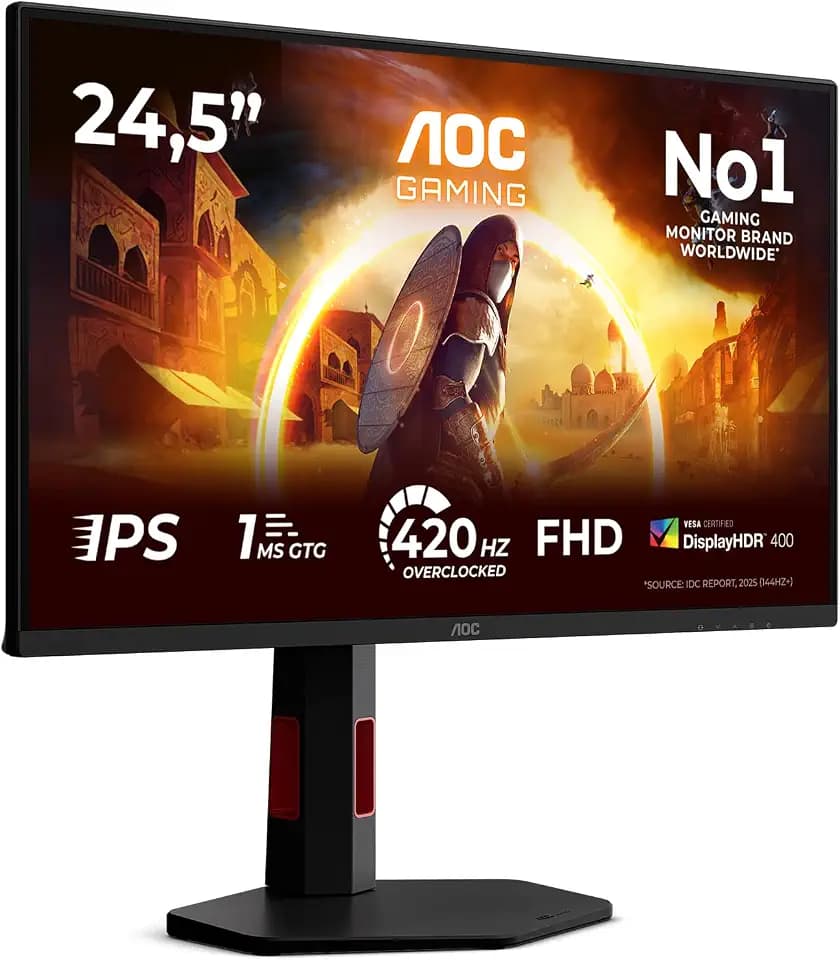 AOC 25G4KUR 25 Zoll FHD USB Hub Gaming Monitor, 420Hz, Fast IPS Panel, 0.5ms GtG, HDR400, G-Sync Compatible, Höhenverstellung,(1920x1080 HDMI 2X 2.0 DP 1x 1.4) Schwarz