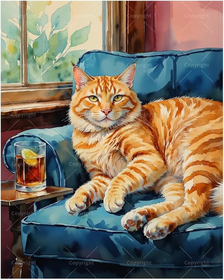 Animal Paint by Numbers Kit for Adults - DIY Orange Tabby Cat Lounging on Blue Couch Painting on Canvas 16x20In, Acrylic Paint Set, Suitable for Beginners, Art for Home Decoration or Gifts