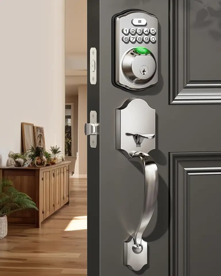 Veise KS02D Fingerprint Deadbolt Lock with Handle Set, Satin Nickel