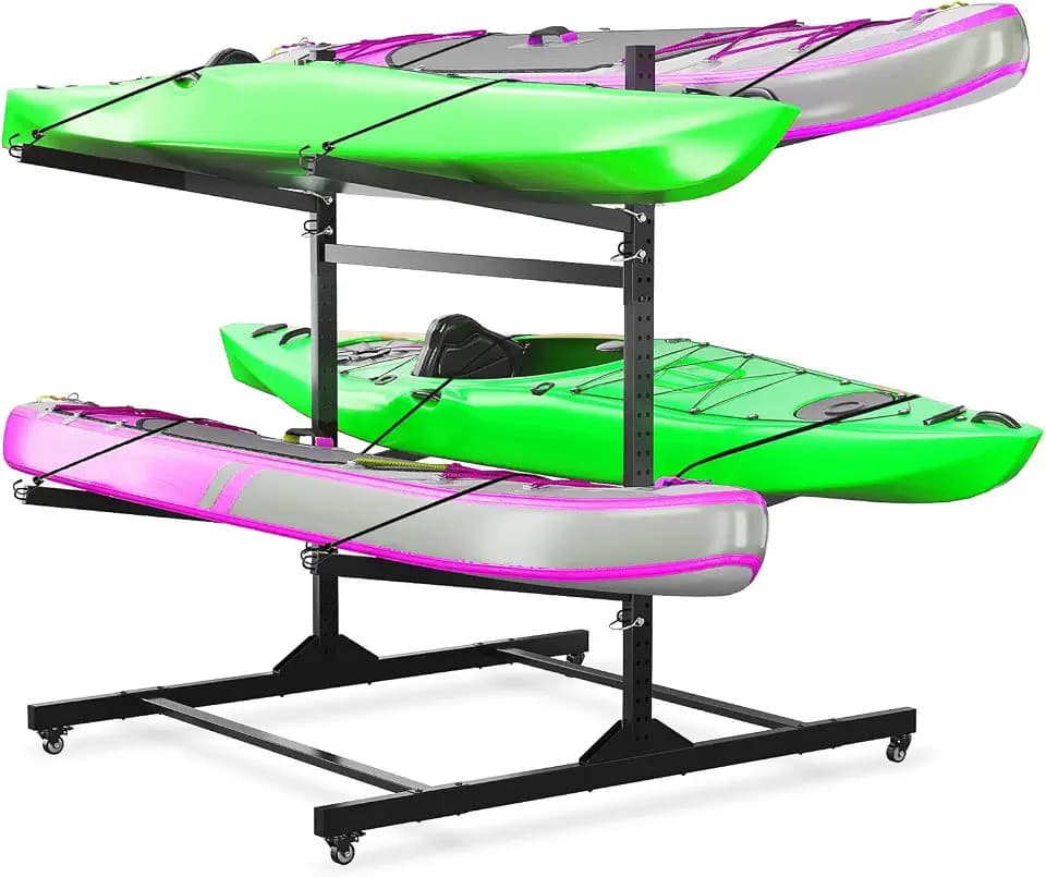 GarveeLife Kayak Storage Rack for 2-6 Kayaks Freestanding Kayak Rack for Outdoor Storage with Movable Wheels, Heavy-Duty Steel Kayak Hanger Holder with Hanging Straps