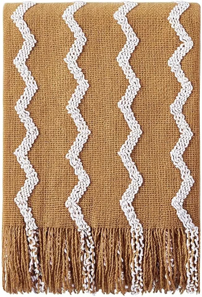 BOURINA Knitted Throw Blanket Boho Chenille Blanket,Mustard 60x80Inch