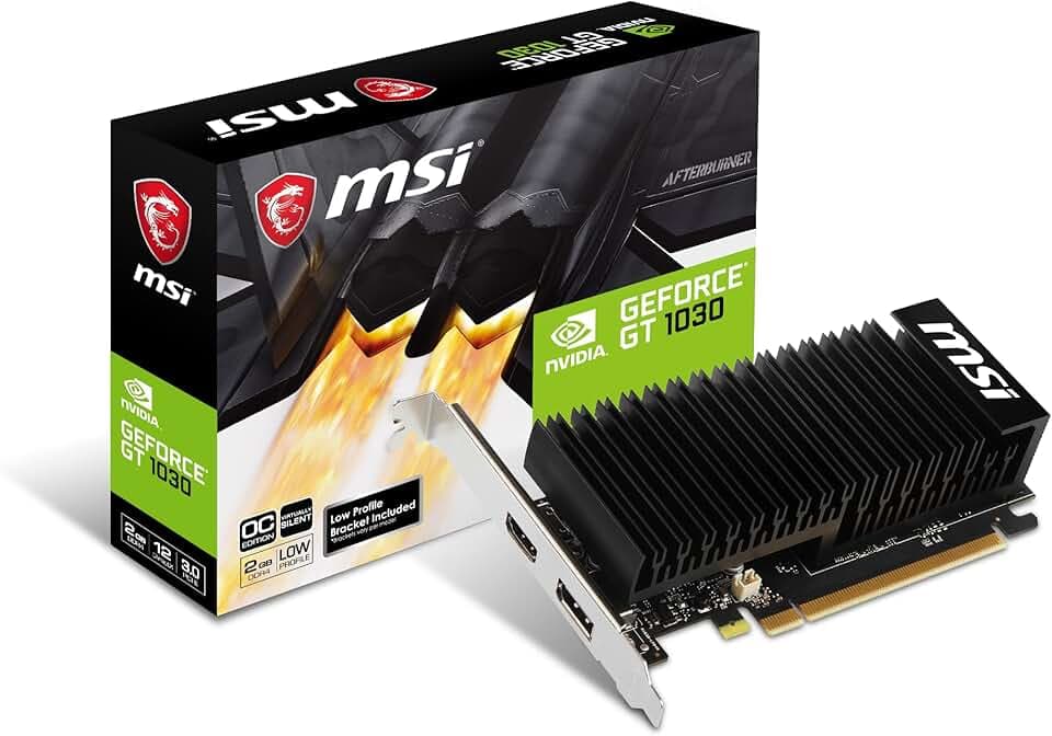 MSI NVIDIA GEFORCE GT 1030 2GHD4 LP OC Grafikkarte '2 GB GDDR4, 1518 MHz, Low Profile Design, DisplayPort, HDMI, passives lüfterloses Kühlsystem Schwarz