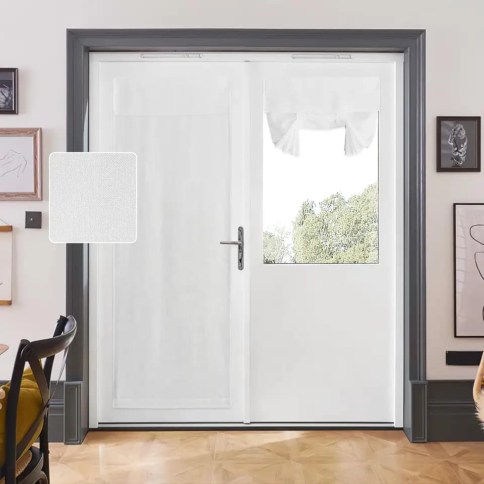 RYB HOME Natural Linen Blended French Door Curtain Privacy Light Filgtering Tricia Window Door Curtain for Patio Sidelight Glass Blind Tie Up Shade for Kitchen, W 26 x L69, White, 1 Panel